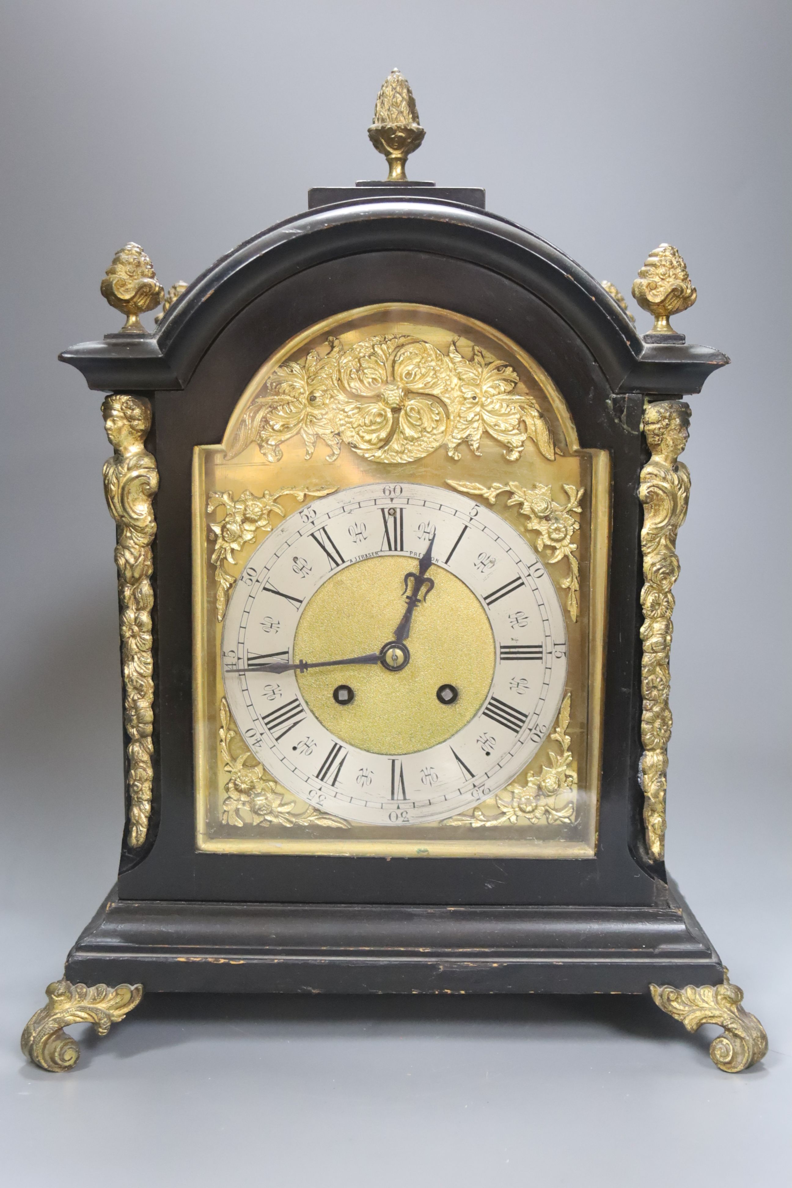 A late Victorian ebonised bracket clock, height 37cm, French drum movement